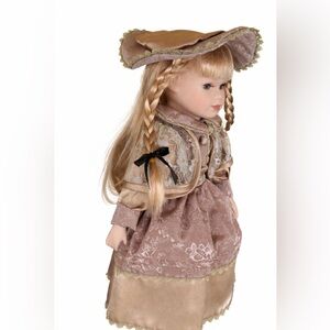 Vintage 16" Porcelain Doll w/ Victorian Era Style Tan & White Floral Lace Dress